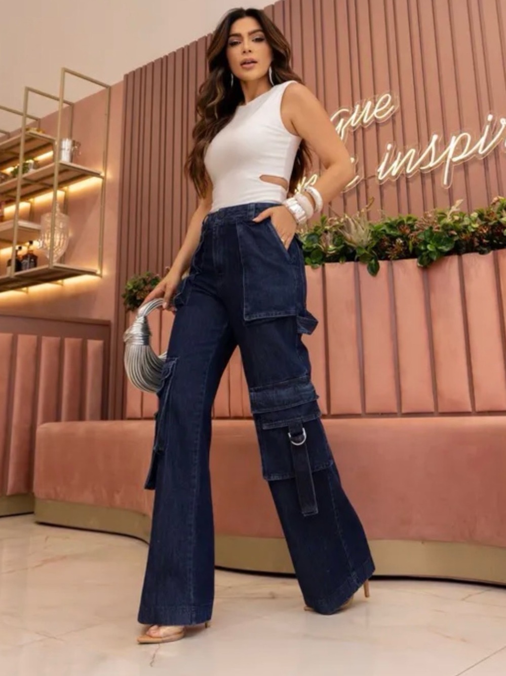 Lily Belle Denim Wide-Leg Cargo Jeans Utility Straps Size 40 Brazil Size 6/8 USA